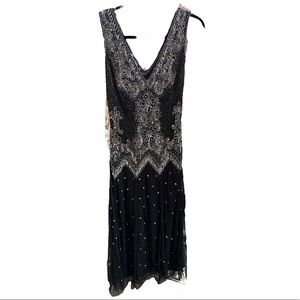 Pisarro Nights Beaded Sleeveless Black V Neck Flapper Dress
